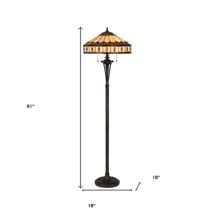 61" Bronze Two Light Traditional Shaped Floor Lamp With Purple and Ivory Abstract Tiffany Glass Empire Shade HomeRoots