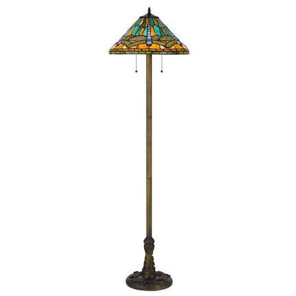 63" Brass Two Light Traditional Shaped Floor Lamp With Blue and Orange Dragonfly Tiffany Glass Empire Shade HomeRoots