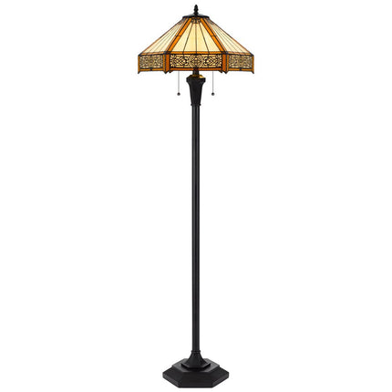 60" Bronze Two Light Traditional Shaped Floor Lamp With Orange and Ivory Abstract Tiffany Glass Empire Shade HomeRoots
