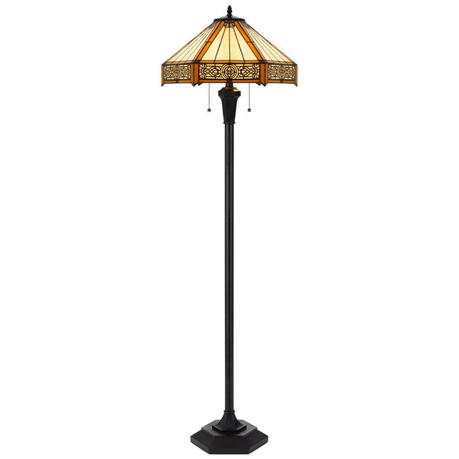 60" Bronze Two Light Traditional Shaped Floor Lamp With Orange and Ivory Abstract Tiffany Glass Empire Shade HomeRoots