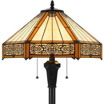 60" Bronze Two Light Traditional Shaped Floor Lamp With Orange and Ivory Abstract Tiffany Glass Empire Shade HomeRoots