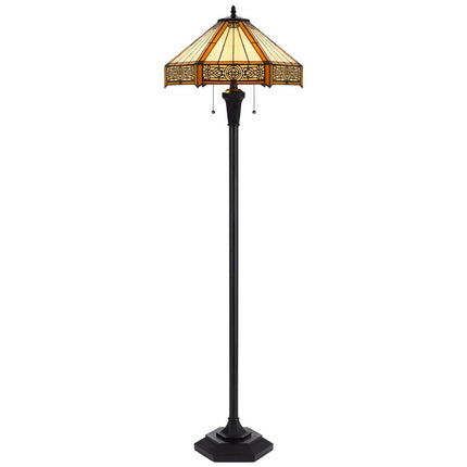 60" Bronze Two Light Traditional Shaped Floor Lamp With Orange and Ivory Abstract Tiffany Glass Empire Shade HomeRoots