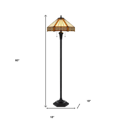 60" Bronze Two Light Traditional Shaped Floor Lamp With Orange and Ivory Abstract Tiffany Glass Empire Shade HomeRoots