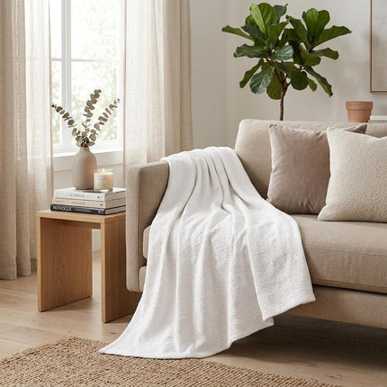 Queen White Cotton Basketweave Geometric Blanket HomeRoots