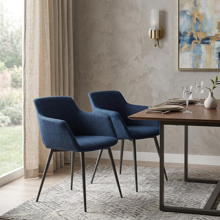 Set of Two Blue and Silver Fabric Dining Arm Chairs HomeRoots