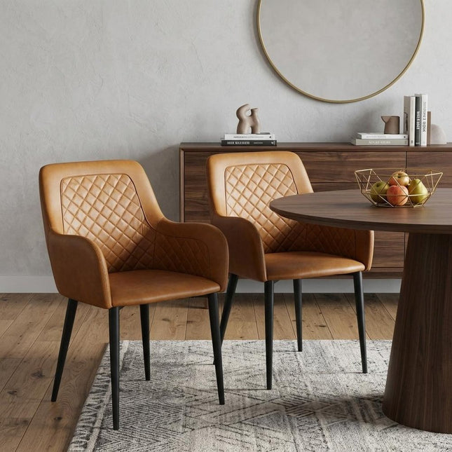 Set of Two Tan and Black Tufted Faux Leather Dining Arm Chairs HomeRoots