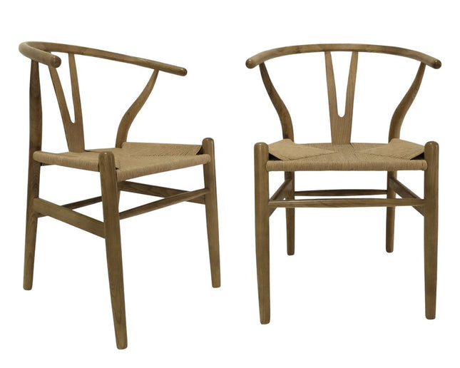 Set of Two Natural Solid Wood Wishbone Back Dining Arm Chairs HomeRoots