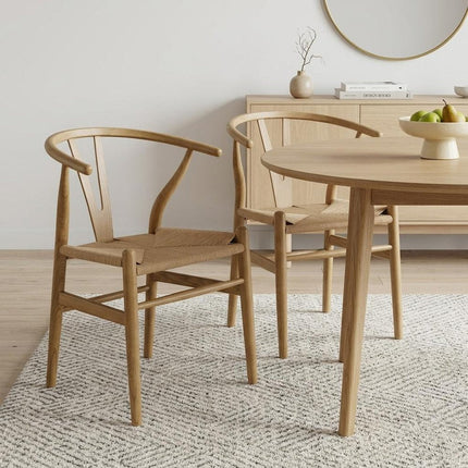 Set of Two Natural Solid Wood Wishbone Back Dining Arm Chairs HomeRoots