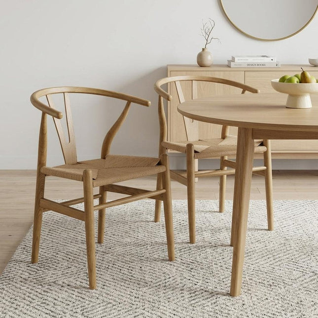Set of Two Natural Solid Wood Wishbone Back Dining Arm Chairs HomeRoots
