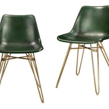 Set of Two Green and Gold Leather Dining Side Chairs HomeRoots