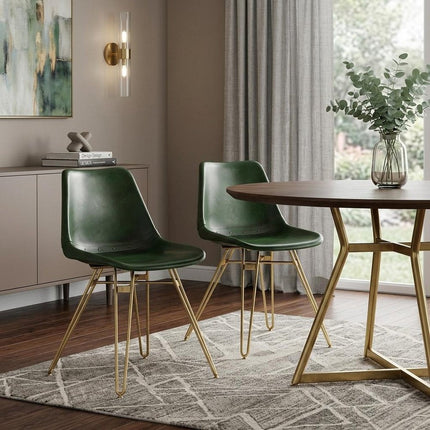 Set of Two Green and Gold Leather Dining Side Chairs HomeRoots