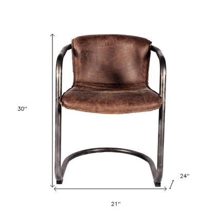 Set of Two Brown and Silver Leather Dining Arm Chairs HomeRoots