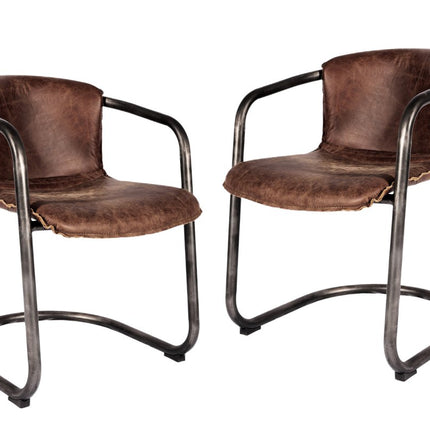 Set of Two Brown and Silver Leather Dining Arm Chairs HomeRoots