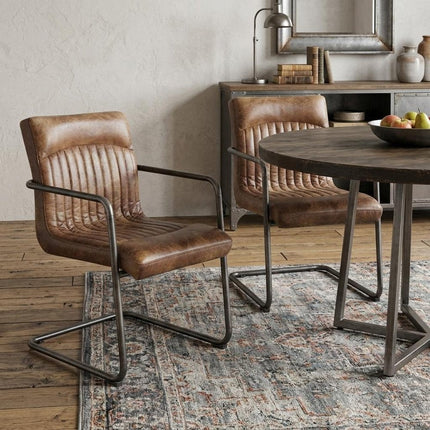 Set of Two Brown and Black Leather Dining Arm Chairs HomeRoots