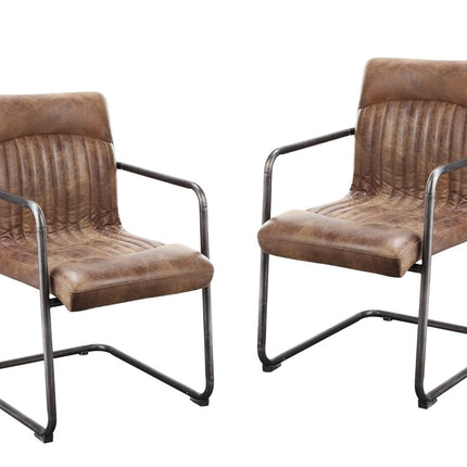 Set of Two Brown and Black Leather Dining Arm Chairs HomeRoots