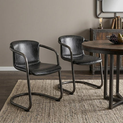 Set of Two Onyx and Silver Leather Dining Arm Chairs HomeRoots