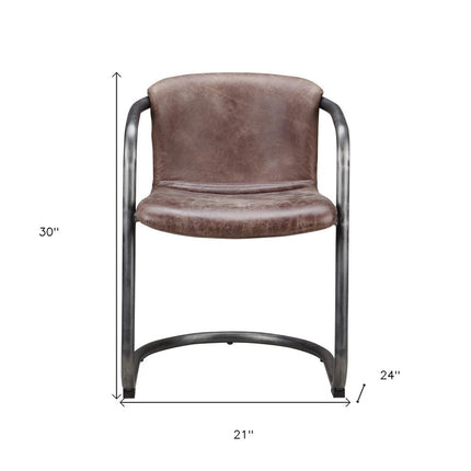 Set of Two Brown and Silver Leather Dining Arm Chairs HomeRoots