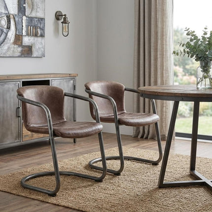 Set of Two Brown and Silver Leather Dining Arm Chairs HomeRoots