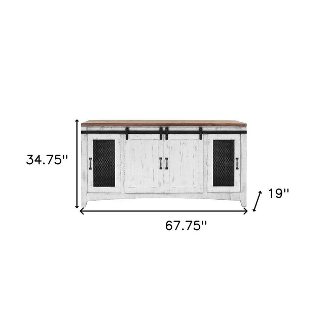 68" White Solid Wood Cabinet Enclosed Storage Distressed TV Stand HomeRoots