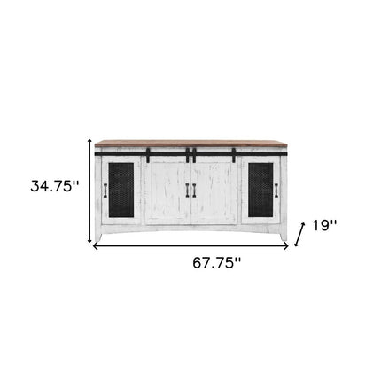 68" White Solid Wood Cabinet Enclosed Storage Distressed TV Stand HomeRoots