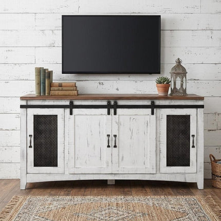 68" White Solid Wood Cabinet Enclosed Storage Distressed TV Stand HomeRoots