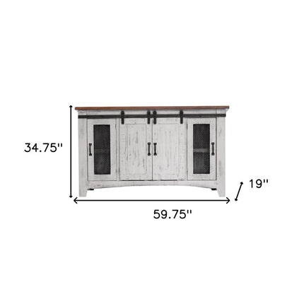 60" White Solid Wood Cabinet Enclosed Storage Distressed TV Stand HomeRoots