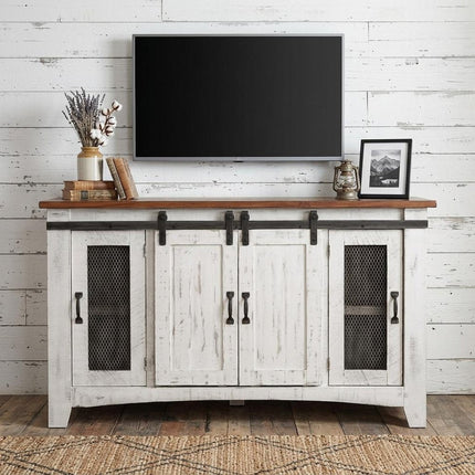 60" White Solid Wood Cabinet Enclosed Storage Distressed TV Stand HomeRoots