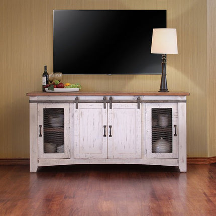 70" White Solid Wood Cabinet Enclosed Storage Distressed TV Stand HomeRoots