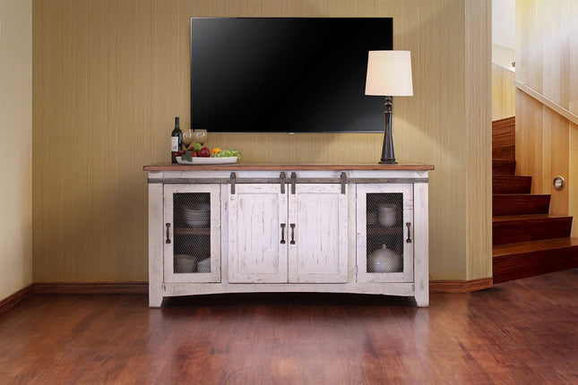 70" White Solid Wood Cabinet Enclosed Storage Distressed TV Stand HomeRoots