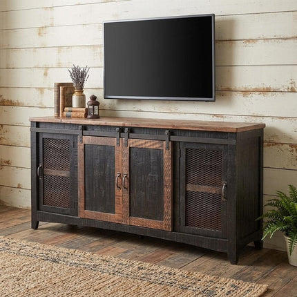 68" Black Solid Wood Cabinet Enclosed Storage Distressed TV Stand HomeRoots