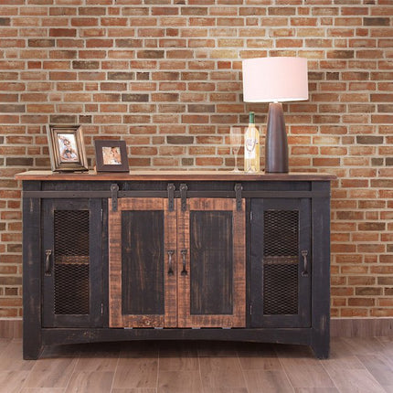 60" Black Solid Wood Cabinet Enclosed Storage Distressed TV Stand HomeRoots