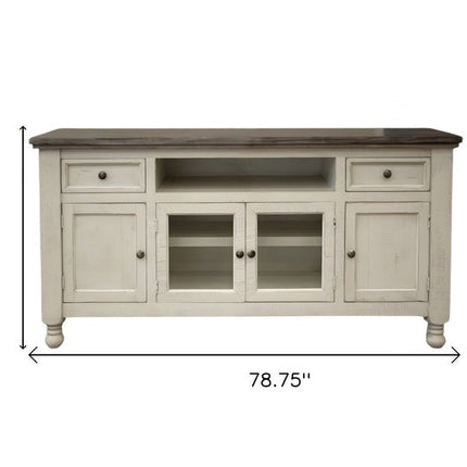 79" Ivory Solid Wood Open shelving Distressed TV Stand HomeRoots