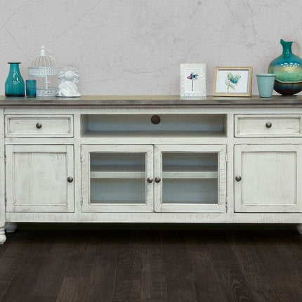 79" Ivory Solid Wood Open shelving Distressed TV Stand HomeRoots