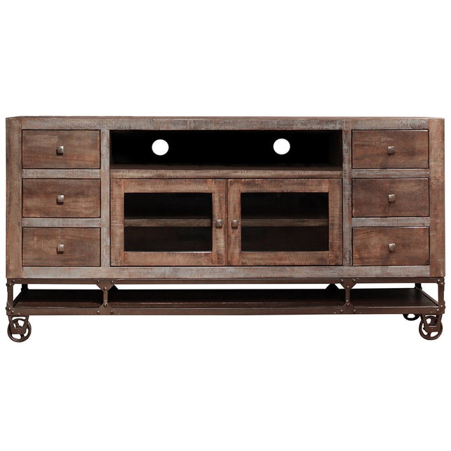 76" Brown Solid Wood Cabinet Enclosed Storage Distressed TV Stand HomeRoots