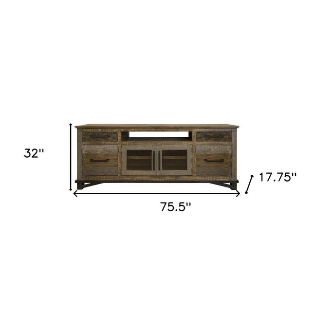 76" Brown Solid Wood Cabinet Enclosed Storage Distressed TV Stand HomeRoots
