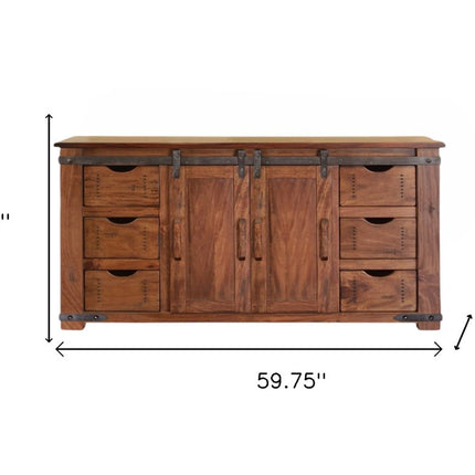 60" Brown Solid Wood Enclosed Storage Distressed TV Stand HomeRoots