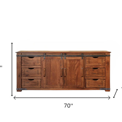 70" Brown Solid Wood Enclosed Storage Distressed TV Stand HomeRoots
