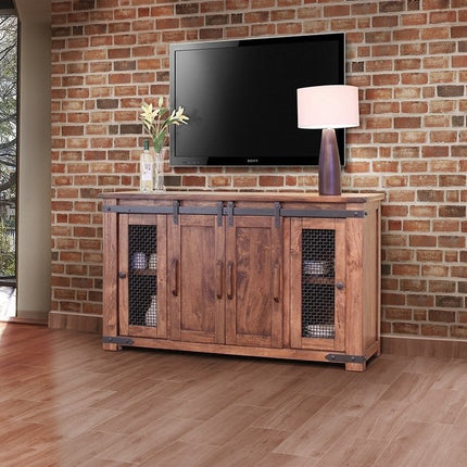 60" Brown Solid Wood Cabinet Enclosed Storage Distressed TV Stand