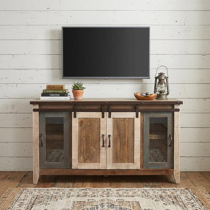 60" Brown Solid Wood Cabinet Enclosed Storage Distressed TV Stand HomeRoots