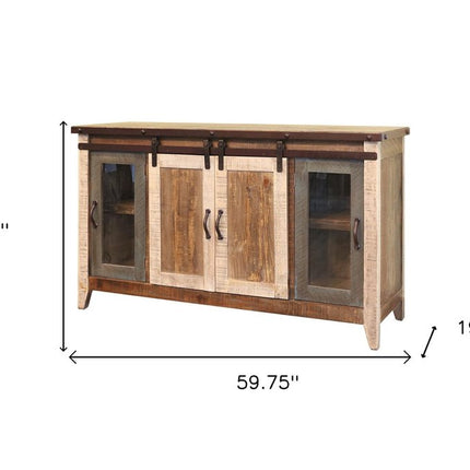 60" Brown Solid Wood Cabinet Enclosed Storage Distressed TV Stand HomeRoots