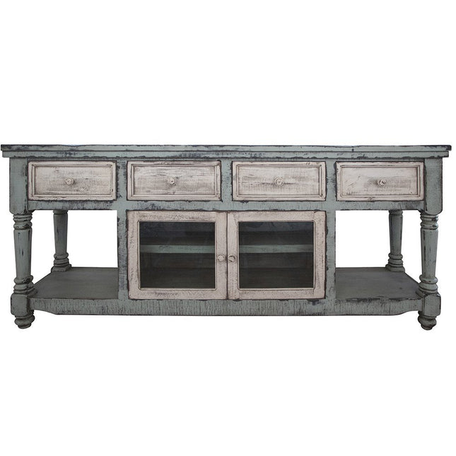70" Blue and White Solid Wood Open shelving Distressed TV Stand HomeRoots