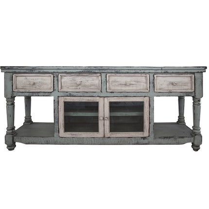 70" Blue and White Solid Wood Open shelving Distressed TV Stand HomeRoots
