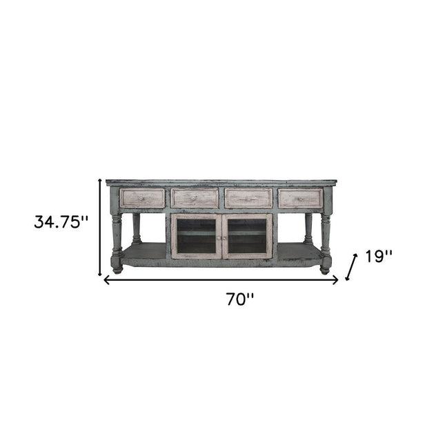 70" Blue and White Solid Wood Open shelving Distressed TV Stand HomeRoots