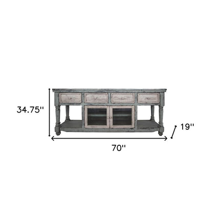 70" Blue and White Solid Wood Open shelving Distressed TV Stand HomeRoots