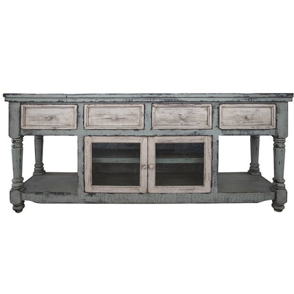 70" Blue and White Solid Wood Open shelving Distressed TV Stand HomeRoots