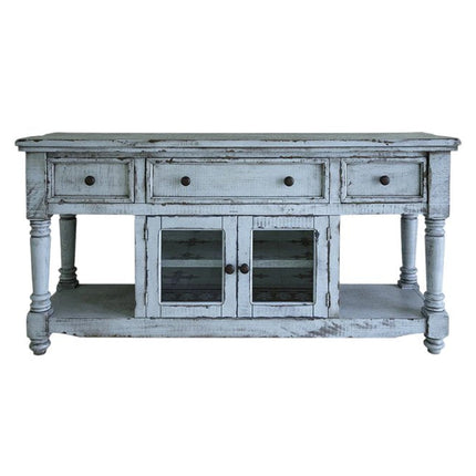70" Blue Solid Wood Open shelving Distressed TV Stand HomeRoots