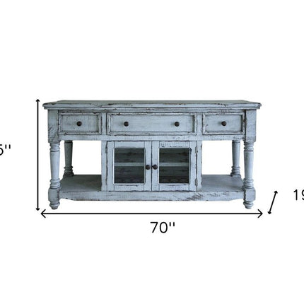 70" Blue Solid Wood Open shelving Distressed TV Stand HomeRoots