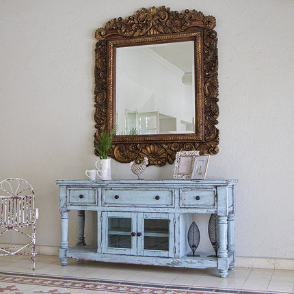 70" Blue Solid Wood Open shelving Distressed TV Stand HomeRoots
