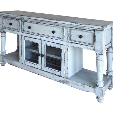 70" Blue Solid Wood Open shelving Distressed TV Stand HomeRoots