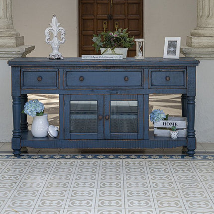70" Blue Mango Solid Wood Open shelving Distressed TV Stand HomeRoots